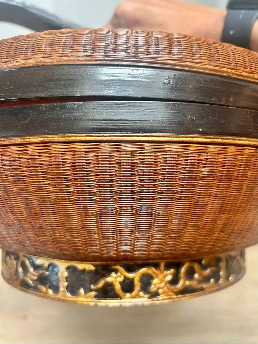 Antique Hand Painted Chinese Wedding Basket Woven Bamboo Rattan Wood